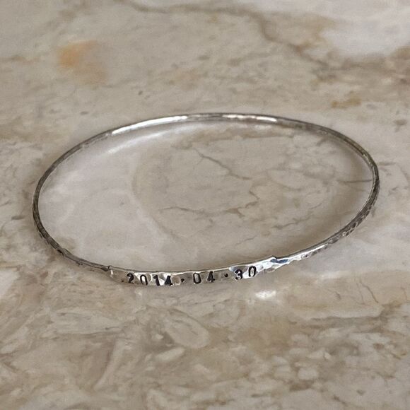 925 Sterling Silver Handcrafted Engraved Date Bangle Bracelet, Hammered, Skinny - Picture 2 of 9